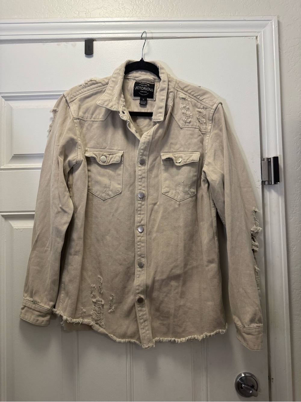 Victorious Beige Distressed Lightweight Shirt Jacket - Relaxed Fit 0404